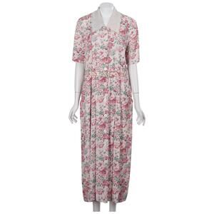 Karin Stevens Vintage Dress 12 Pink Floral Button Front Lace Collar Belted